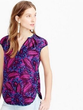 J.Crew 100% Silk Midnight Floral Cocoon Blouse Cap Sleeve V-Neck Size 8